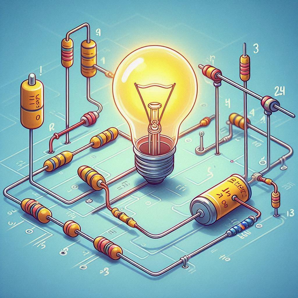 💡 если в цепи последовательно соединены лампочка (R=3 Ом) и резистор (R=5 Ом), через которые проходит ток 2 A, найдите напряжение: 📘 основные характеристики лампочки и резистора