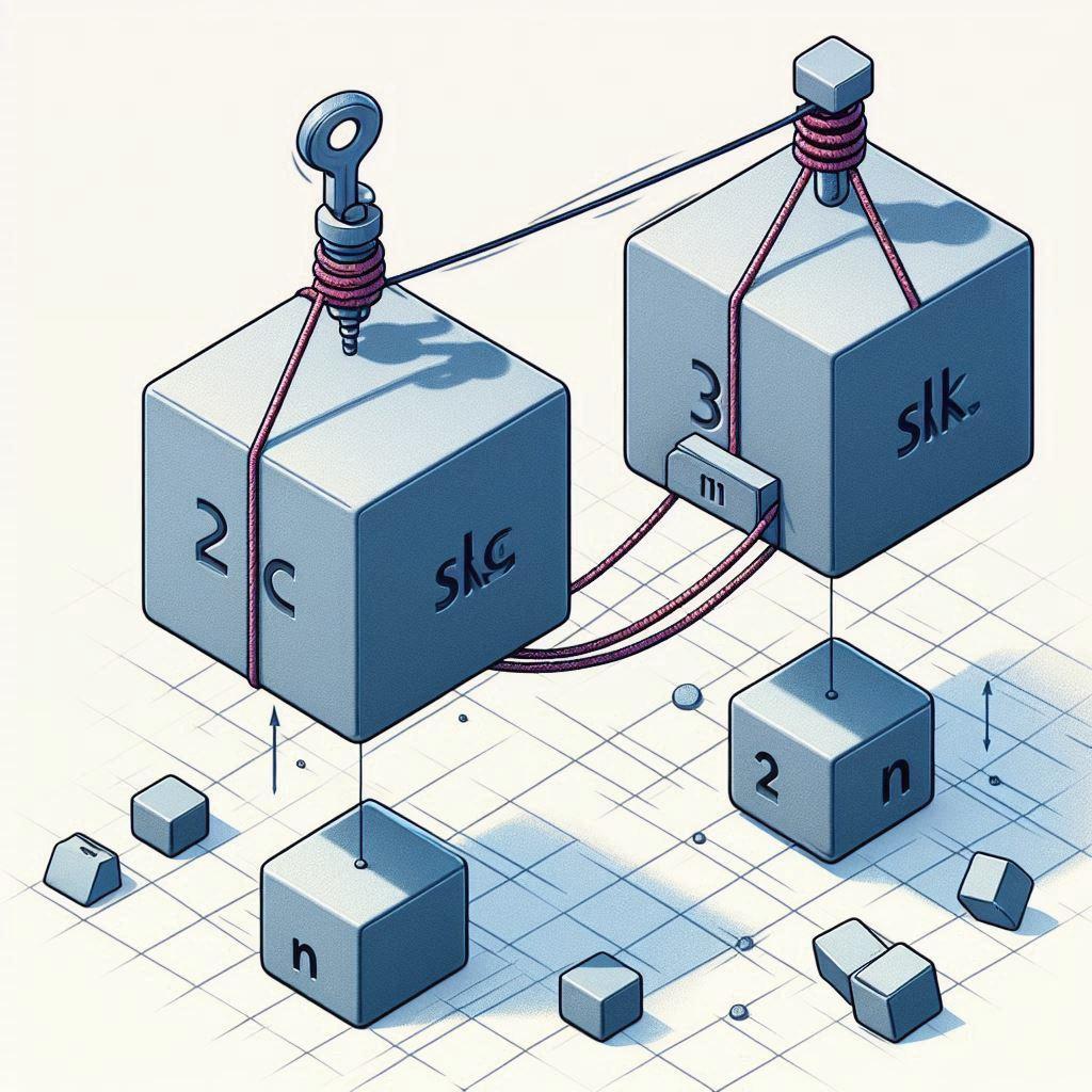 🔍 Два блока массами 2 кг и 3 кг соединены невесомой нитью, перекинутой через невесомый блок: что будет, если приложить силу 20 Н? 📉 Как рассчитать ускорение системы